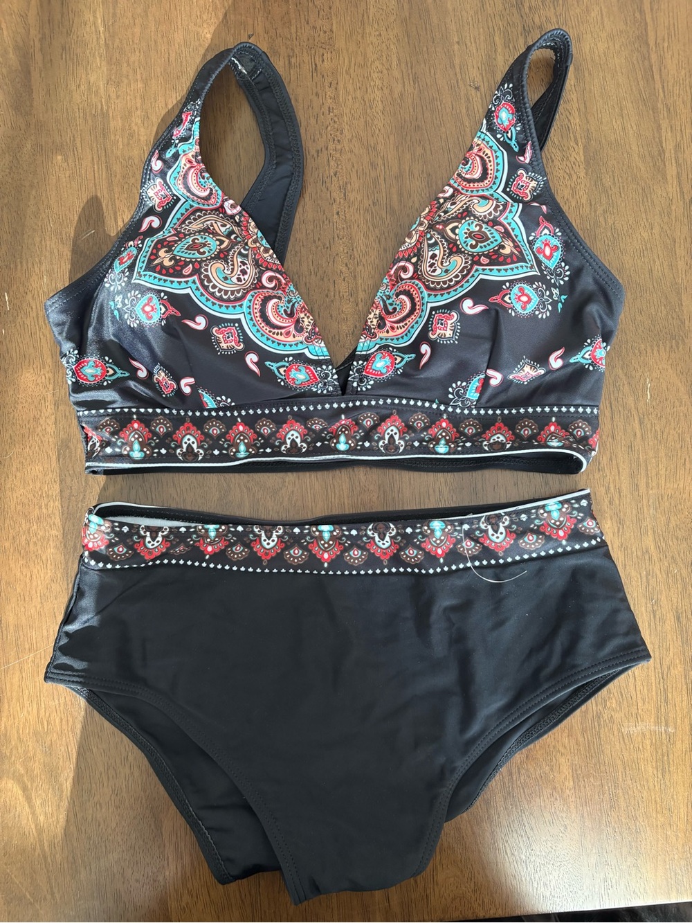 Black Paisley High-Waist Bikini Set with Red & Teal Accents